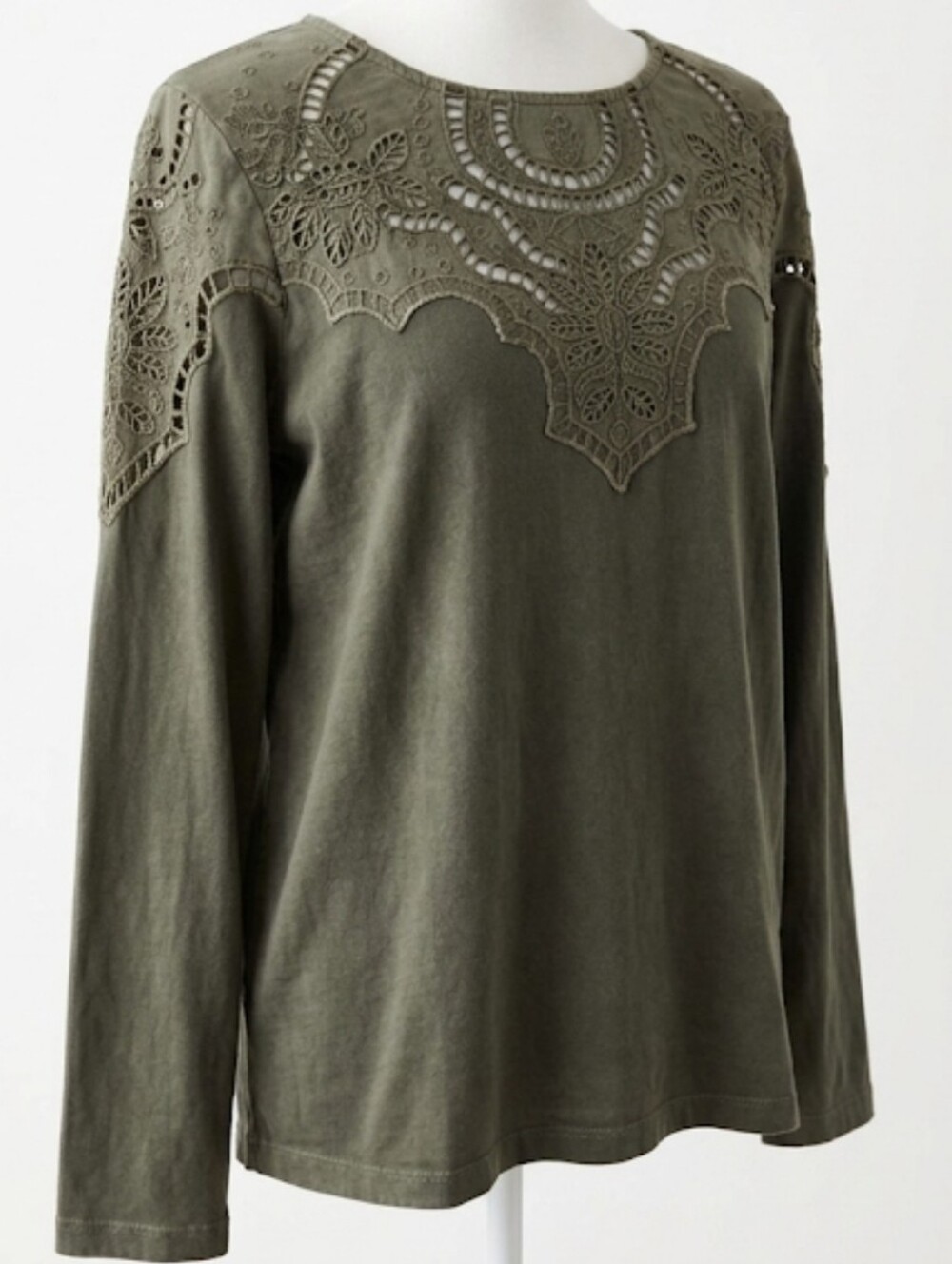 Sundance Boho Olive Green Eyelet Lace Detailed Cotton Blend Top Size L